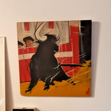TABLEAU TAUROMACHIE "scène de corrida" format 50,5x50,5 cm, signé