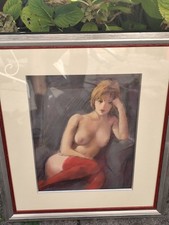 Tableau pastel  femme nue au bas rouge signature Goudouneix