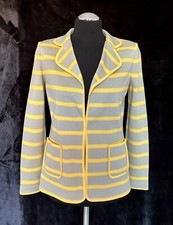ST JOHN LUXURY BLAZER JACKET GRAY BEIGE/YELLOW STRIPES COLLAR WOOL BLEND 2 NWOT