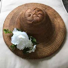 11 ⚜️ Ancien Grand Chapeau en Osier Rotin Vintage Diamètre 43 Cm