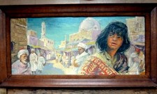 Tableau ancien orientaliste scène de rue animée sign Muller jeune femme