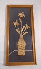 TABLEAU MARQUETERIE FIBRE PAILLE ROTIN VINTAGE CADRE BOIS POT DE FLEUR
