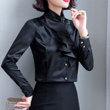 Femme Faux Soie Chemise Satin Coréen Hauts Ruche Chemisier Bouton Travail Bureau