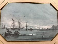 Composition mixte Paysage Marin Bateaux Peintre Officiel de la Marine ? signée
