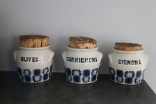 Pots en grés olives , oignons et cornichons LML France vintage à motifs bleus