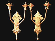 GRANDE PAIRE APPLIQUE MONTURE FER FORGÉ À PATINE CLAIRE 54 cm VERS 40 A RÉNOVER