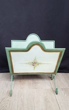 Ancien porte-revues pliant vintage en tôle peinte décor floral