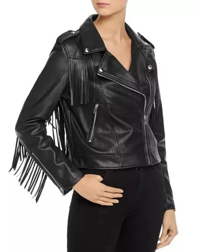 Veste franges cuir noir - veste, à