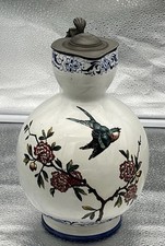 POT COUVERCLE ETAIN FAIENCE DE GIEN DECOR JAPONISANT OISEAU INSECTE PIVOINE 1900