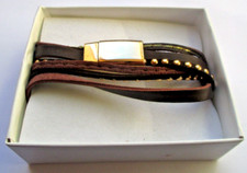 Bracelet homme femme bandes de cuir marron fermoir Magnétique perles couleur or