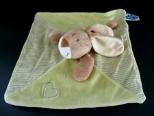 93.* DOUDOU PLAT MOTS D'ENFANTS LAPIN BEIGE RAYE JAUNE VERT GRIS COEUR TBE