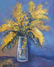 Peinture à l'huile sur toile, Vase de fleurs de mimosa, 40cmx50cm