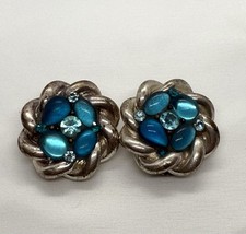 Vintage Signed Jacky de G French Design Silver Tone Clips Earrings Cabochons Blu