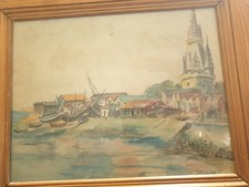 JOEL THEZARD AQUARELLE PEINTURE LE PORT DE LA ROCHELLE LA CALE A BATEAU TOUR