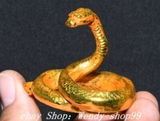 1.5" Old Chinese Dynasty Copper Gilt Feng Shui 12 Zodiac Snake Animal Statue