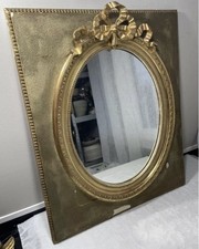 Miroir Ancien Style Louis XVI Ovale Doré Bois et Stuc Avec Nœud Ruban 