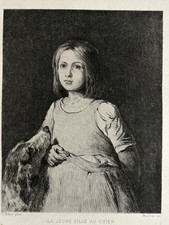 Theodule Ribot Gravure Eau Forte Etching Portrait Jeune Fille Au Chien De Chasse