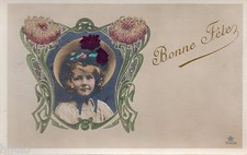 BJ502 Carte Photo vintage card RPPC enfant colorié cadre Art déco nouveau Fêtes