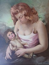 Jean d'Esparbès (1899 - 1968)-Tableau-Huile/toile-Maternité-Poupée-OIL  