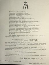 CLARA CERTAIN Lebas Boniface Dormoy FAIRE PART Tinel Gayon Euvrard Bidaux 1894