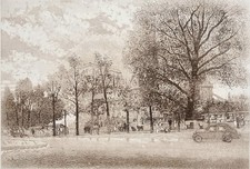 Estampe ancienne cathedrale Notre Dame Paris bouquinistes Seine quai Montebello