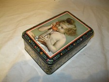 Retro Ancienne BOÎTE À BISCUITS SUCRE PETITE FILLE au TÉLÉPHONE ORANGE Metal Box