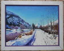 grand tableau signé Milla: paysage enneigé