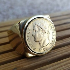 Bague Chevalière Carré 20 Francs Napoléon Bonaparte en Acier Inoxydable Doré Or 