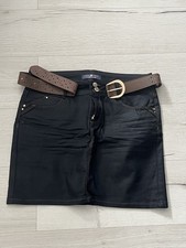 T42 XL :  Jupe Jean Enduit Noir CACHE CACHE Avec Ceinture
