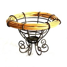 Ancien bol à fruits en métal et osier tissé bambou rotin panier à pain boho