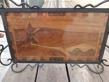 PLATEAU DE SERVICE EN FER FORGÉ ET MARQUETERIE PAYSAGE MOULIN ÉPOQUE ART DÉCO 