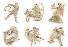 Broche bijou signes du zodiaque en acier doré et strass cristal blanc.