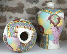 XXe Paire Grands Vases 32cm Clay Art Sgraffito Céramique ITALIE 1970 1980 Fruits