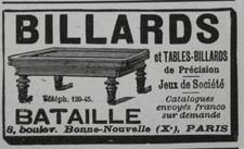 PUBLICITÉ DE PRESSE 1906 BILLARD ET TABLES-BILLARDS DE PRÉCISION BATAILLE