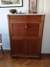 Meuble secrétaire scriban bibliothèque style Louis XVI marbre et bois