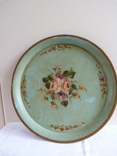 Grand Plateau en tôle peinte vert bouquet fleuri - Napoléon III - fin 19ème