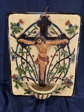 Ancien et rare grand benitier en terre cuite de soufflenheim signé Friedmann