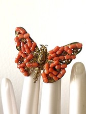 Broche Perles Corail Papillon Couture Metal Dore jewelry brooch bijoux ancien