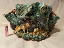 Onnaing Barbotine Ancien Cache Pot en Céramique Couple de Lions tête personnage