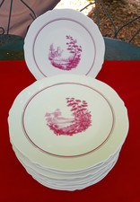 10 assiettes plates en porcelaine de Limoges Legrand décor paysages rose foncé