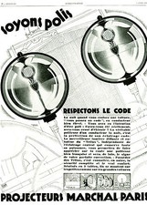 Publicité ancienne voiture projecteurs Marchal Paris 1929 issue de magazine