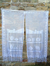 French pair white  curtains lace motif cup jug vase cat  25'' x 60'' of each