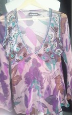 MAGNIFIQUE HAUT TUNIQUE T SHIRT BLOUSE ANTIK BATIK T S 100% SOIE EMPIECEMENT PER