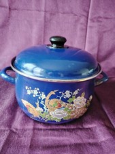 Ancienne Marmite En Émaille Asiatique À Double Oreille Bleu