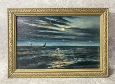 Tableau Peinture Huile. Marine Mer Océan Lune Nuit. Voilier. Cadre en Bois doré