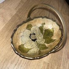 Vide Poche Forme Petit Panier En Laiton Émaillé Décor Floral Fleur Vintage