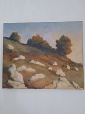 Peinture huile sur toile paysage arbres et rochers tableau vintage Painting rock