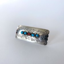 Barrette Navajo en argent sterling, turquoise et corail – Bijou de cheveux 1970s