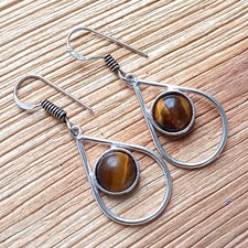 Boucles d'oreilles pendantes goutte pierre précieuse oeil de tigre 1 pièce bi...