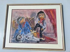 Peinture Huile À L’aquarelle "Clown" poupée ,Cirque Tableau  Encadré Signé